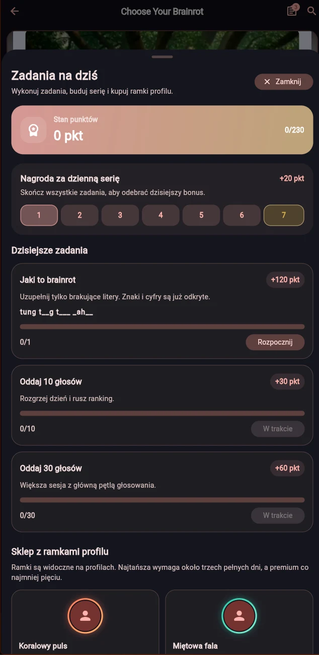 Daily tasks, point streak and profile frame shop panel