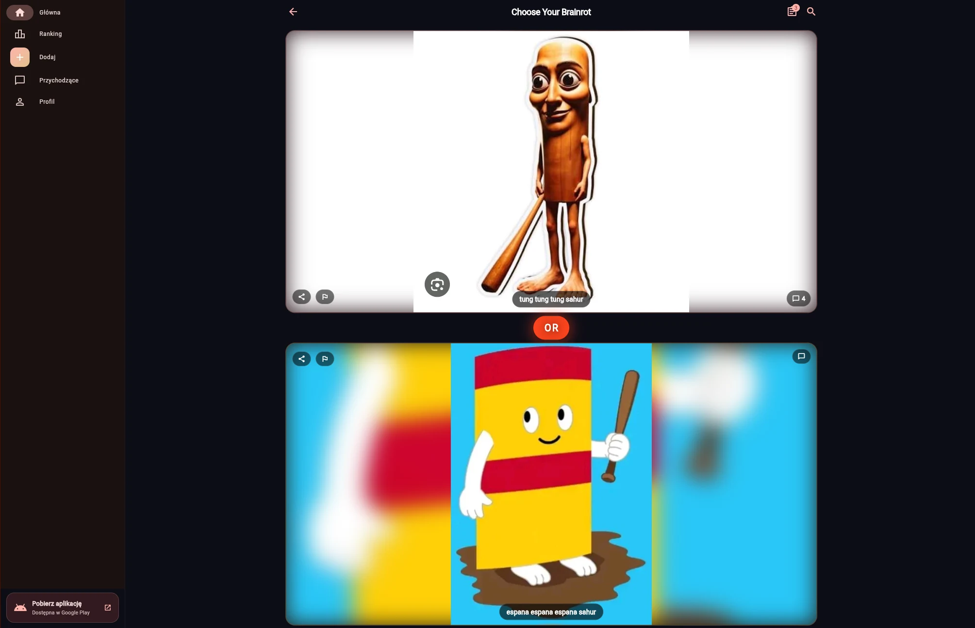 Voting on a brainrot pair in the Choose Your Brainrot web application