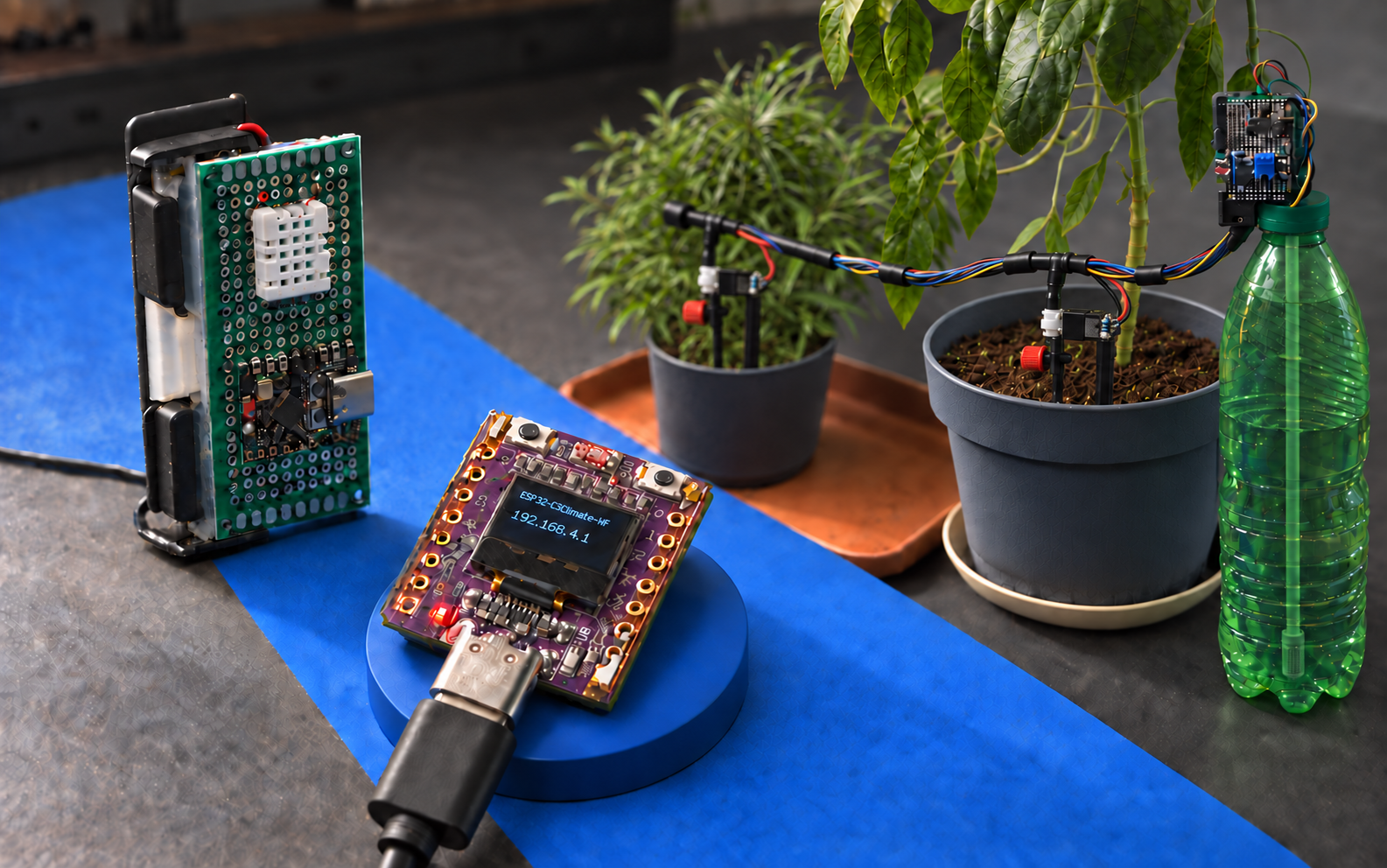Collection of ESP32 prototypes: climate sensor, OLED module and automatic watering
