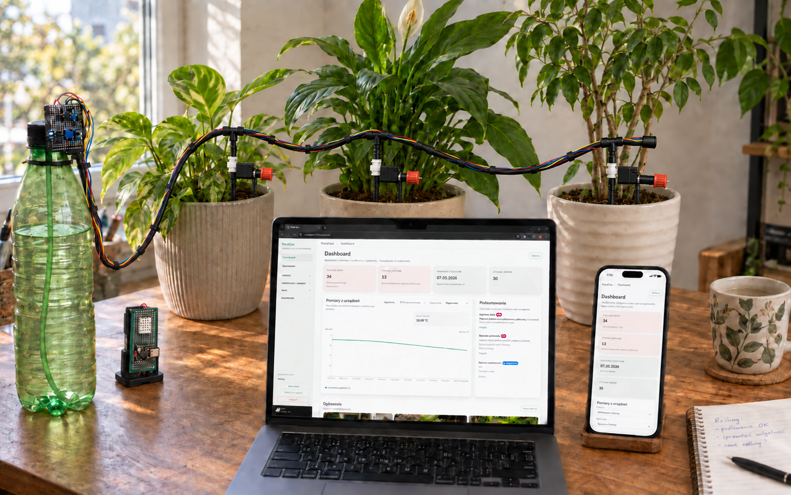 Home FloraCue setup with three plants, serial watering, sensors and the application open on a laptop and phone