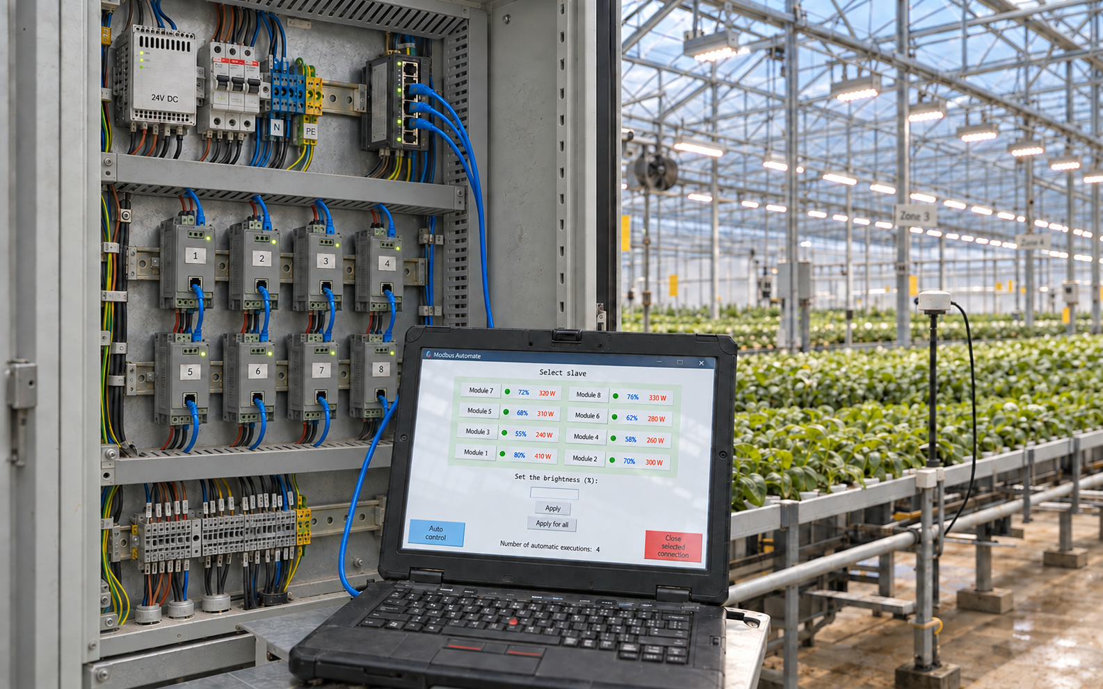 Modbus control cabinet and laptop for zone-based LED lighting control in a greenhouse