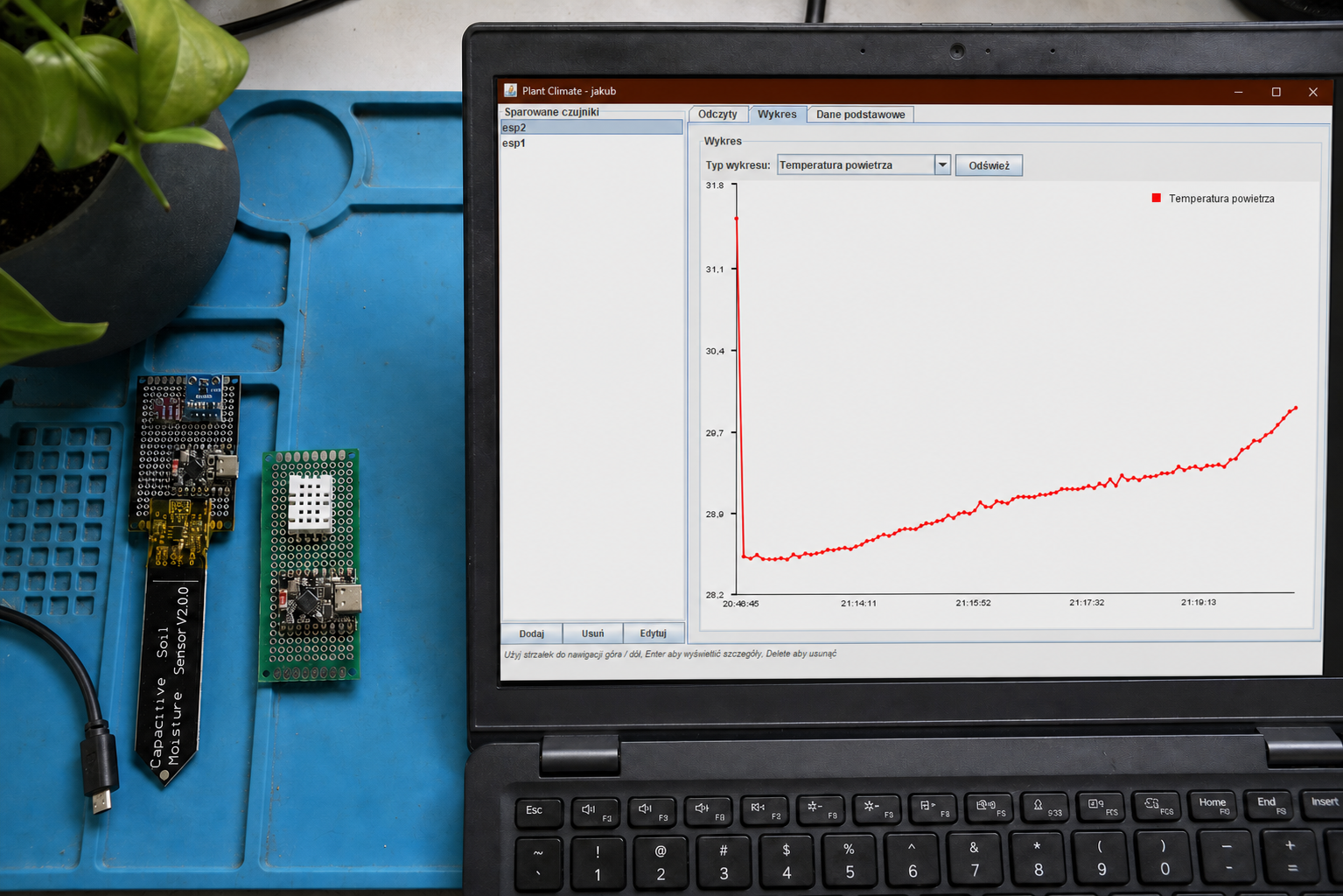 Plant Climate application on a laptop beside physical ESP32 sensors