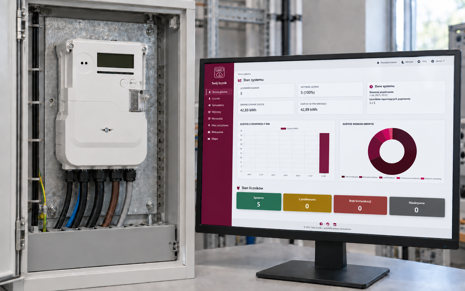Three-phase electricity meter in a metering cabinet beside a monitor showing the Your Meter dashboard